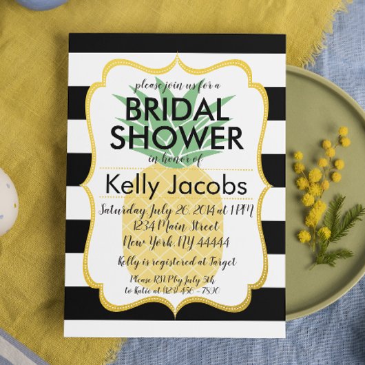 パイナップル　ブラックとホワイトのウェディングシャワー招待状 招待状