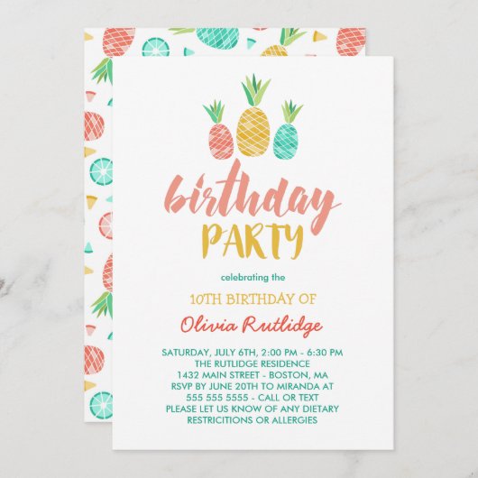 パイナップル – 夏の誕生日パーティー 招待状 (正面/裏面)