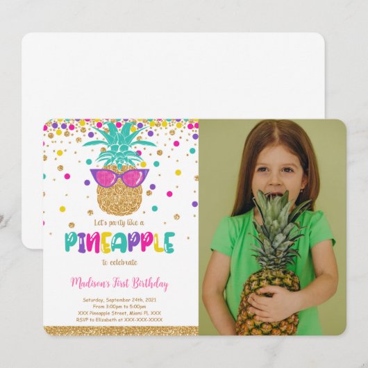 パイナップル 誕生日 写真 招待状 (正面/裏面)