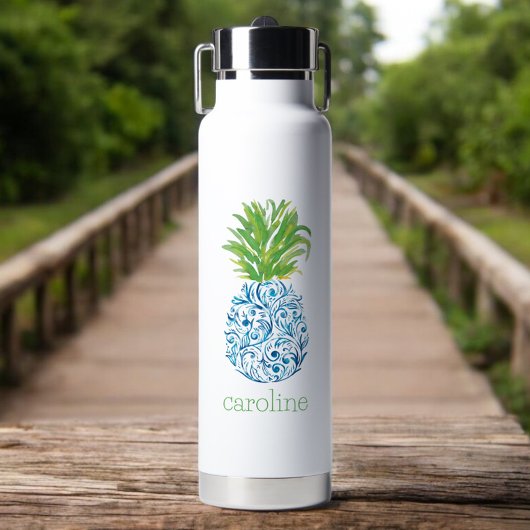 パイナップルChinoiserieブルー名門私立校風のホワイト名 ウォーターボトル