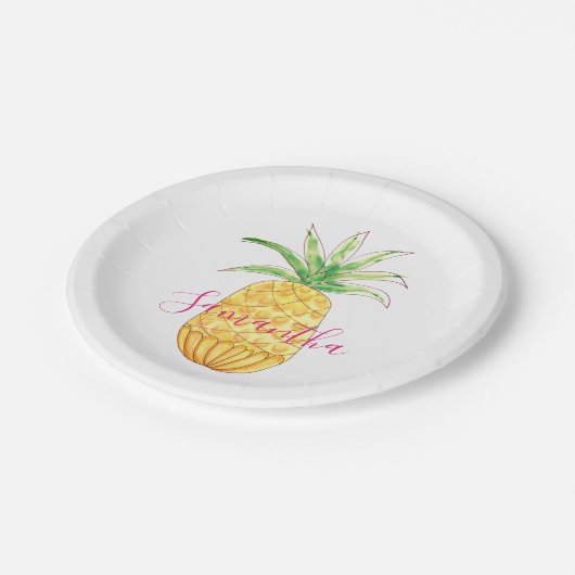 パイナパーソナライズされたップルイエローピンク水彩 ペーパープレート (アングル)