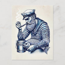 パイプと魚を腕に抱えた船員