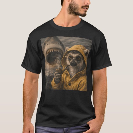 パイプを吸うワモンゴリラのサメに襲われる面白いミーム Tシャツ (正面)