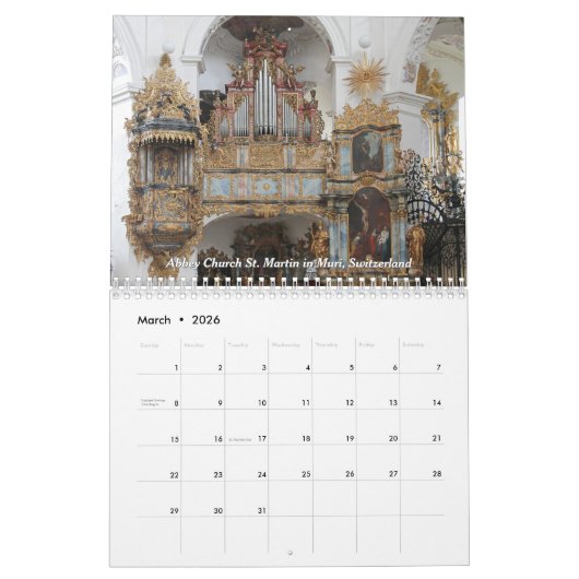パイプオルガンの美しい2026 – オルガンカレンダー カレンダー (3月 2026)