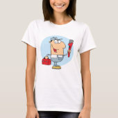 パイプレンチと工具箱を持つ漫画の配管工 Tシャツ (正面)