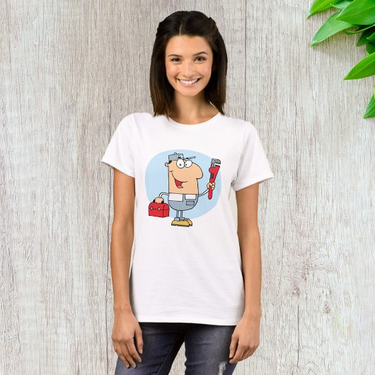 パイプレンチと工具箱を持つ漫画の配管工 Tシャツ
