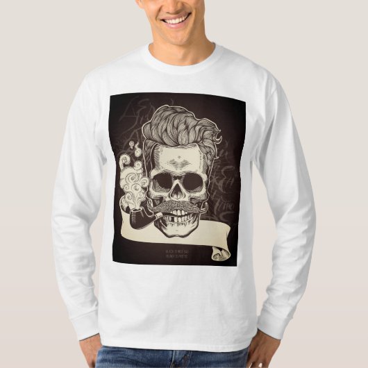 パイプ長袖Tシャツ付きスカル – 黒はPoe Tシャツ (正面)