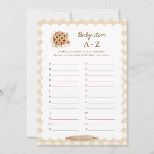パイベイビーシャワーベビーアイテムA-Zアルファベットゲームカード 招待状 (正面)