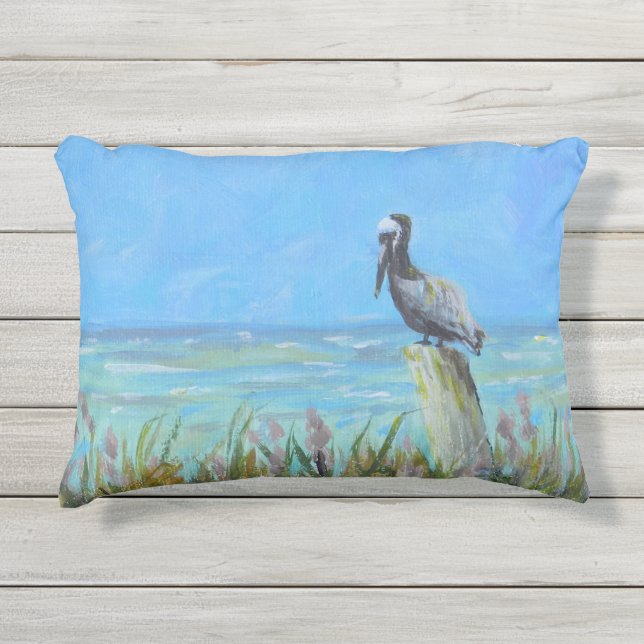 パイリング・コースタルアートのブラウン・ペリカン アウトドアクッション (正面)