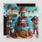 パイレーツおもしろいキッズをテーマにしたお誕生日ケーキ 招待状 (正面/裏面)