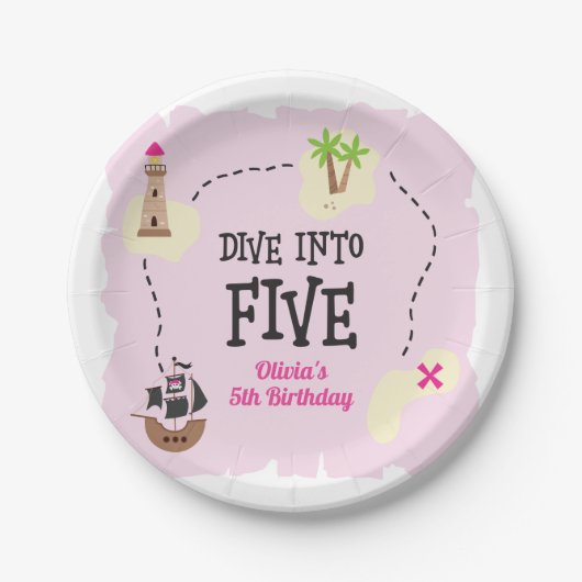 パイレーツのマップが5ピンクの5誕生日に飛び込む ペーパープレート (正面)