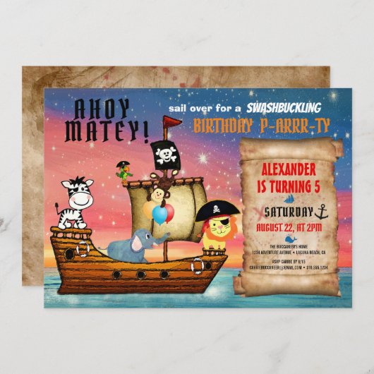 パイレーツサファリアホイマテイ航海のバースデーパーティー 招待状 (正面/裏面)