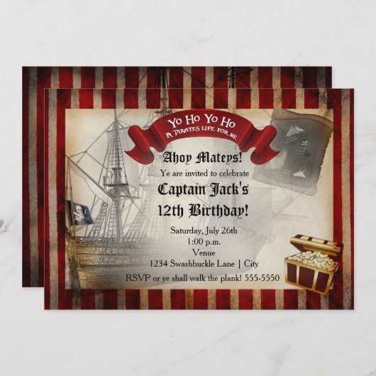 パイレーツシップグランジ誕生日パーティーの招待 招待状 (正面/裏面)