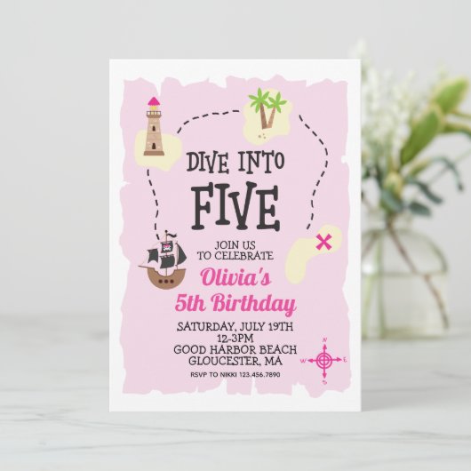 パイレーツダイビングインファイブピンク5th誕生日招待状 招待状 (スタンド正面)