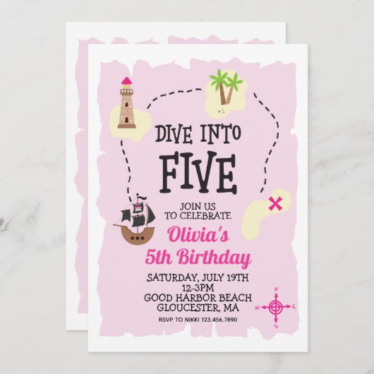 パイレーツダイビングインファイブピンク5th誕生日招待状 招待状 (正面/裏面)