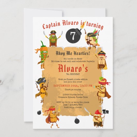 パイレーツフィエスおもしろいタ海賊漫画バースデーパーティー 招待状 (正面)