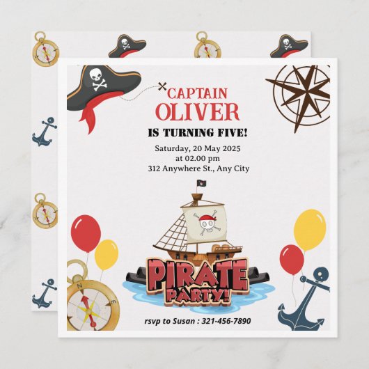 パイレーツ航海のシー誕生日招待状フラットカード シーズンカード (正面/裏面)