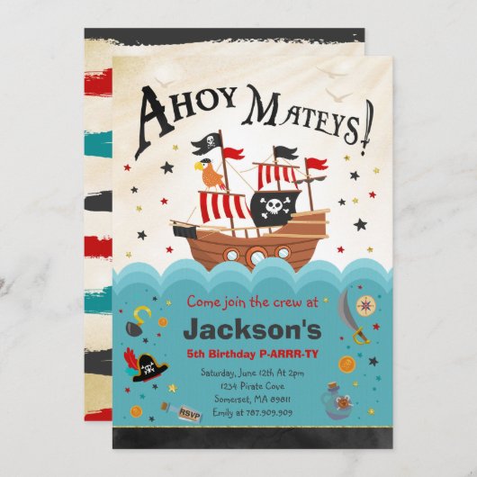 パイレーツ誕生日招待状アホイパイレーツパーティーバッシュ 招待状 (正面/裏面)