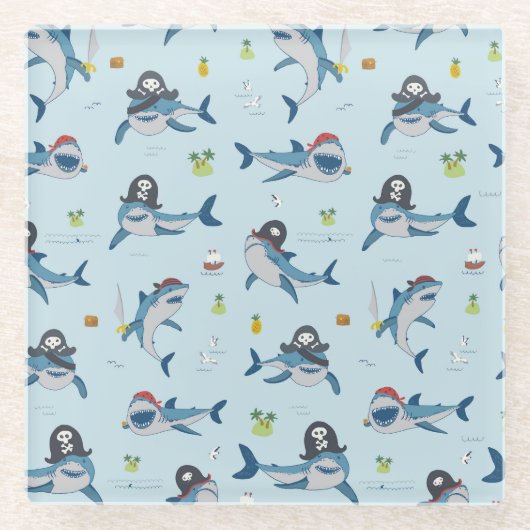 パイレートシャークドードルイラストレーション ガラスコースター (正面)