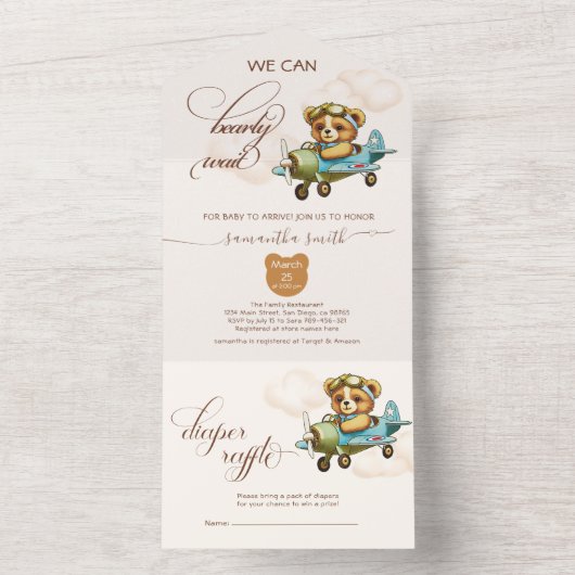 パイロットお洒落テディベア赤ちゃんシャワー オールインワン招待状 (内側)