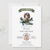 パイロットとヴィンテージ飛行機と雲の男の子の1歳の誕生日 招待状 (正面)