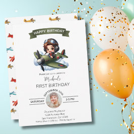 パイロットとヴィンテージ飛行機と雲の男の子の1歳の誕生日 招待状