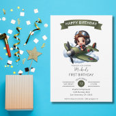 パイロットとヴィンテージ飛行機と雲の男の子の1歳の誕生日 招待状