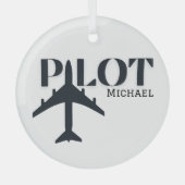 パイロットタイポグラフィと飛行機、ミニマリストのパーソナライズ ガラスオーナメント (正面)