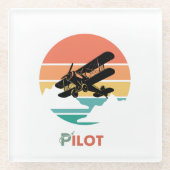 パイロットタイポグラフィ、ヴィンテージレトロシンプル、飛行機 ガラスコースター (正面)