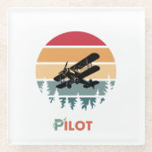 パイロットタイポグラフィ、ヴィンテージレトロシンプル、飛行機 ガラスコースター (正面)