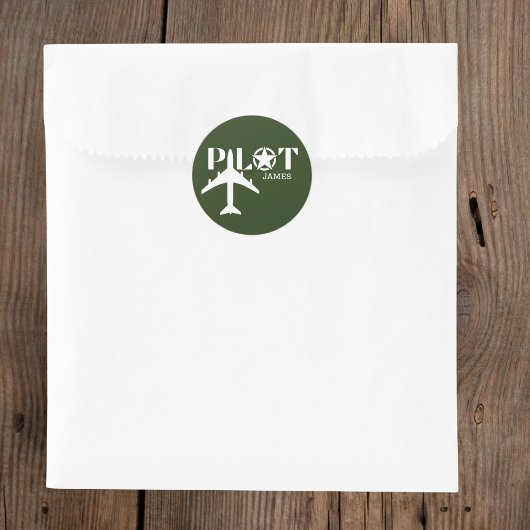 パイロットタイポグラフィ&飛行機軍隊グリーンカスタム ラウンドシール