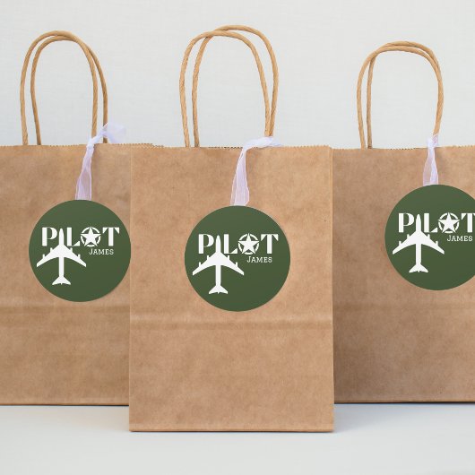 パイロットタイポグラフィ&飛行機軍隊グリーンカスタム ラウンドシール