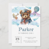 パイロットテディベアファースト誕生日キッズ 招待状 (正面)