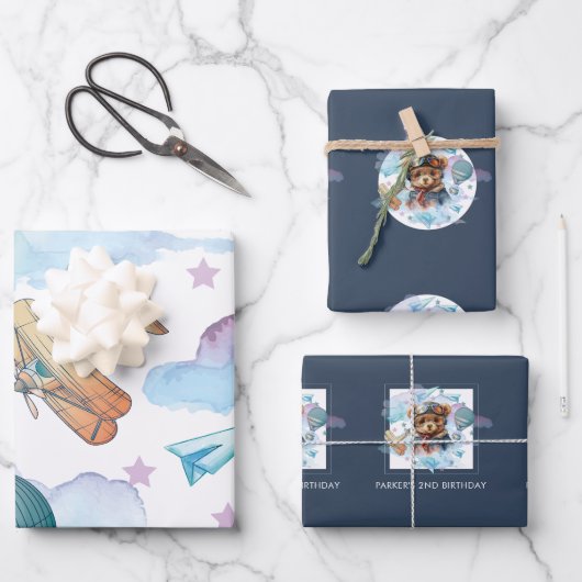 パイロットテディベア誕生日 パーソナライズされた ラッピングペーパーシート (正面)