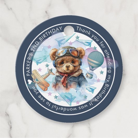 パイロットパーソナライズされたテディベア誕生日 – ベビーシャワー フェイバータグ (正面)