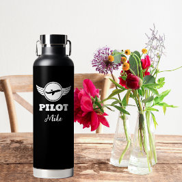 パイロットモダンタイポグラフィ飛行機、白黒 ウォーターボトル