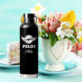 パイロットモダンタイポグラフィ飛行機、白黒 ウォーターボトル