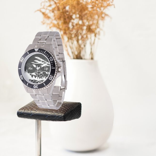 パイロットライフタイポグラフィ&飛行機マウンテンズサンセット 腕時計 (クリエイターアップロード済み)