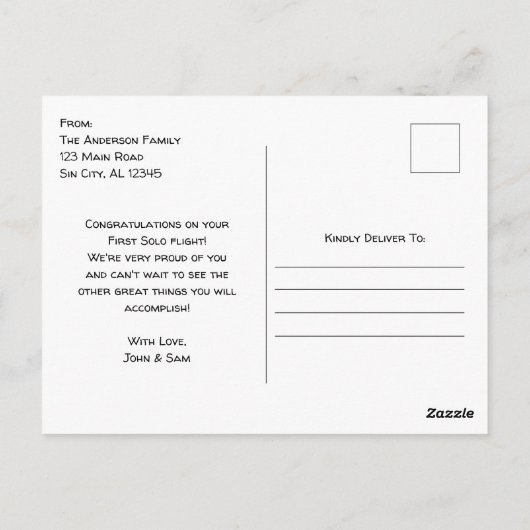 パイロット初の単独飛行写真, オーダーメイド 航空 ポストカード (裏面)