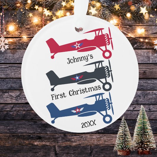 パイロット少年の最初のクリスマス 3 飛行機 名入れ オーナメント