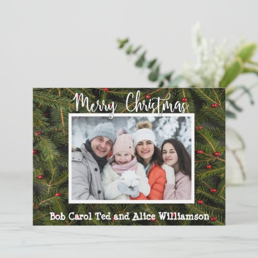 パインの大枝に写ったあなたの写真メリークリスマス シーズンカード (スタンド正面)