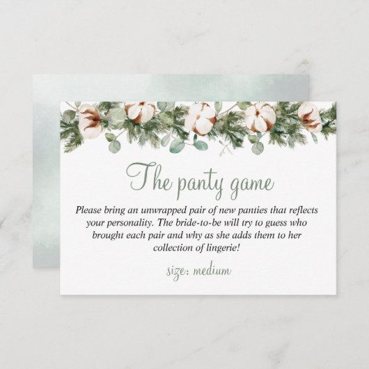 パインウィンターブライダルシャワーパンティーゲームカード エンクロージャーカード (正面/裏面)