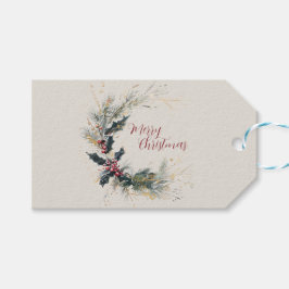 パインエレガントとホリーのリースと金ゴールドアクセント ギフトタグ
