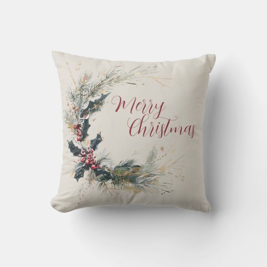パインエレガントとホリーのリースと金ゴールドアクセント クッション (正面)