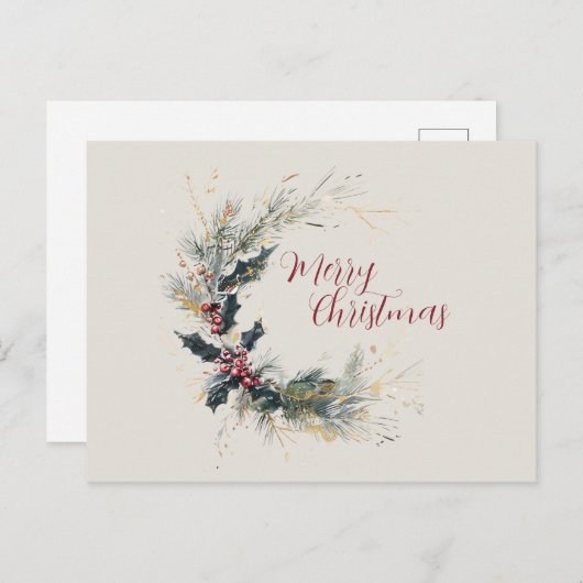 パインエレガントとホリーのリースと金ゴールドアクセント シーズンポストカード (正面/裏面)