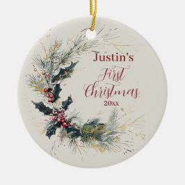 パインエレガントとホリーのリースと金ゴールドアクセント セラミックオーナメント
