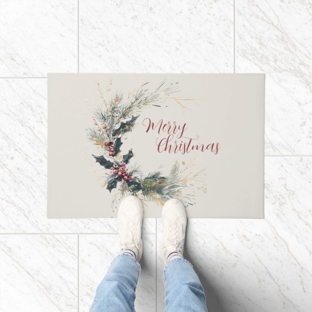 パインエレガントとホリーのリースと金ゴールドアクセント ドアマット (室内)