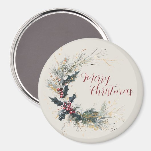 パインエレガントとホリーのリースと金ゴールドアクセント マグネット (正面/裏面)