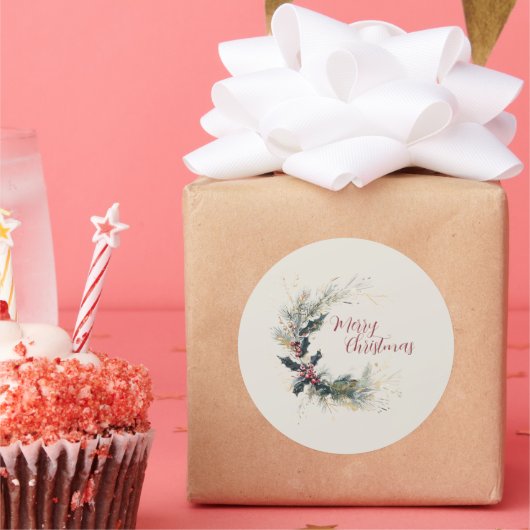 パインエレガントとホリーのリースと金ゴールドアクセント ラウンドシール (パーティー)