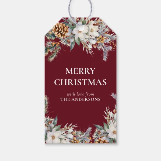 パインエレガントツリー緑 | 赤いクリスマス ギフトタグ (正面)